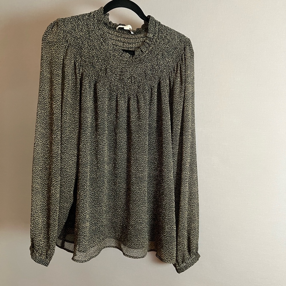 Ann Taylor LOFT smocked mock neck top. Size XL. Sheer black with tan dots.